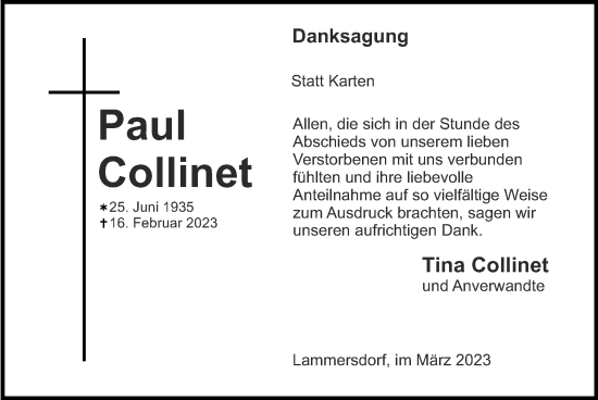 Traueranzeige von Paul Collinet von Zeitung am Sonntag