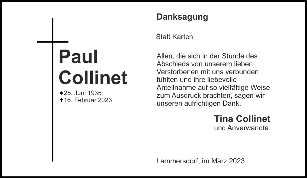  Traueranzeige für Paul Collinet vom 25.03.2023 aus Aachener Zeitung