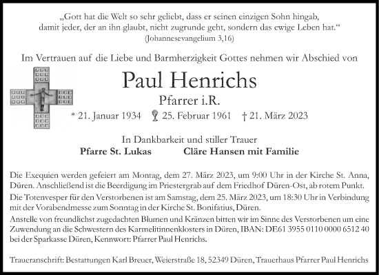 Traueranzeige von Paul Henrichs von Aachener Zeitung