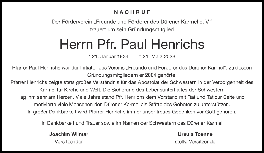  Traueranzeige für Paul Henrichs vom 01.04.2023 aus Aachener Zeitung