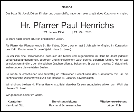 Traueranzeige von Paul Henrichs von Zeitung am Sonntag
