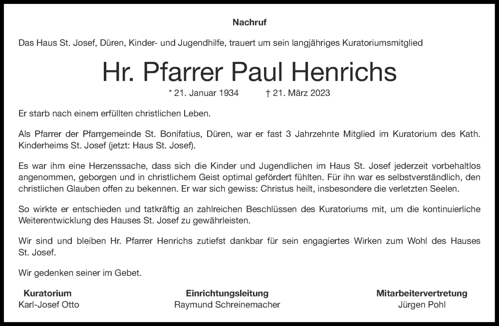  Traueranzeige für Paul Henrichs vom 25.03.2023 aus Aachener Zeitung
