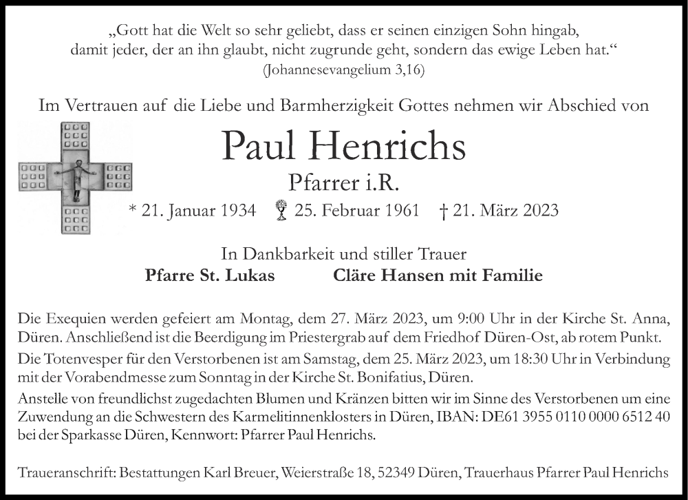  Traueranzeige für Paul Henrichs vom 24.03.2023 aus Aachener Zeitung