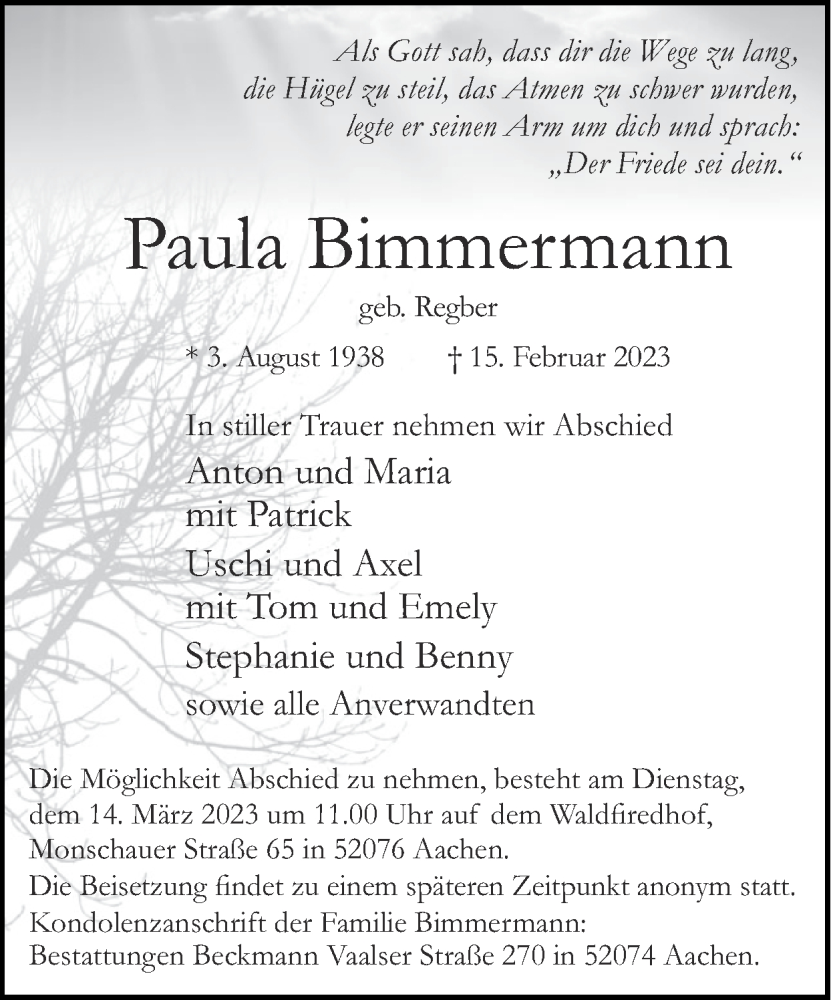  Traueranzeige für Paula Bimmermann vom 05.03.2023 aus Zeitung am Sonntag