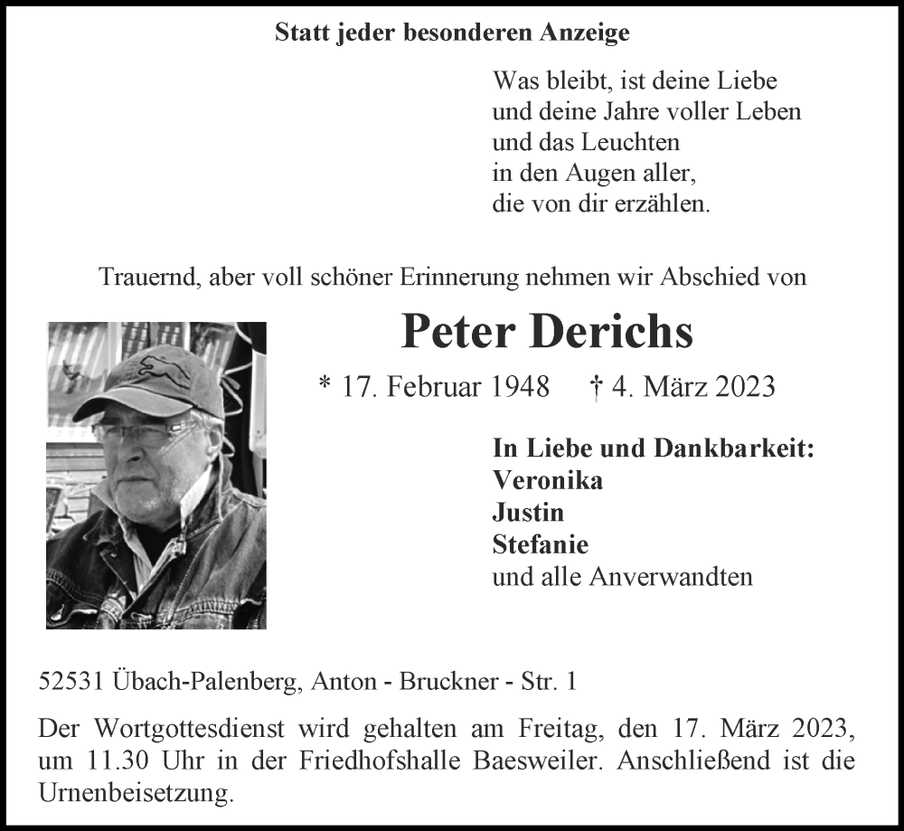  Traueranzeige für Peter Derichs vom 12.03.2023 aus Zeitung am Sonntag