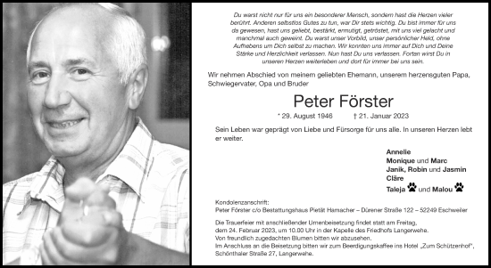 Traueranzeige von Peter Förster von Zeitung am Sonntag