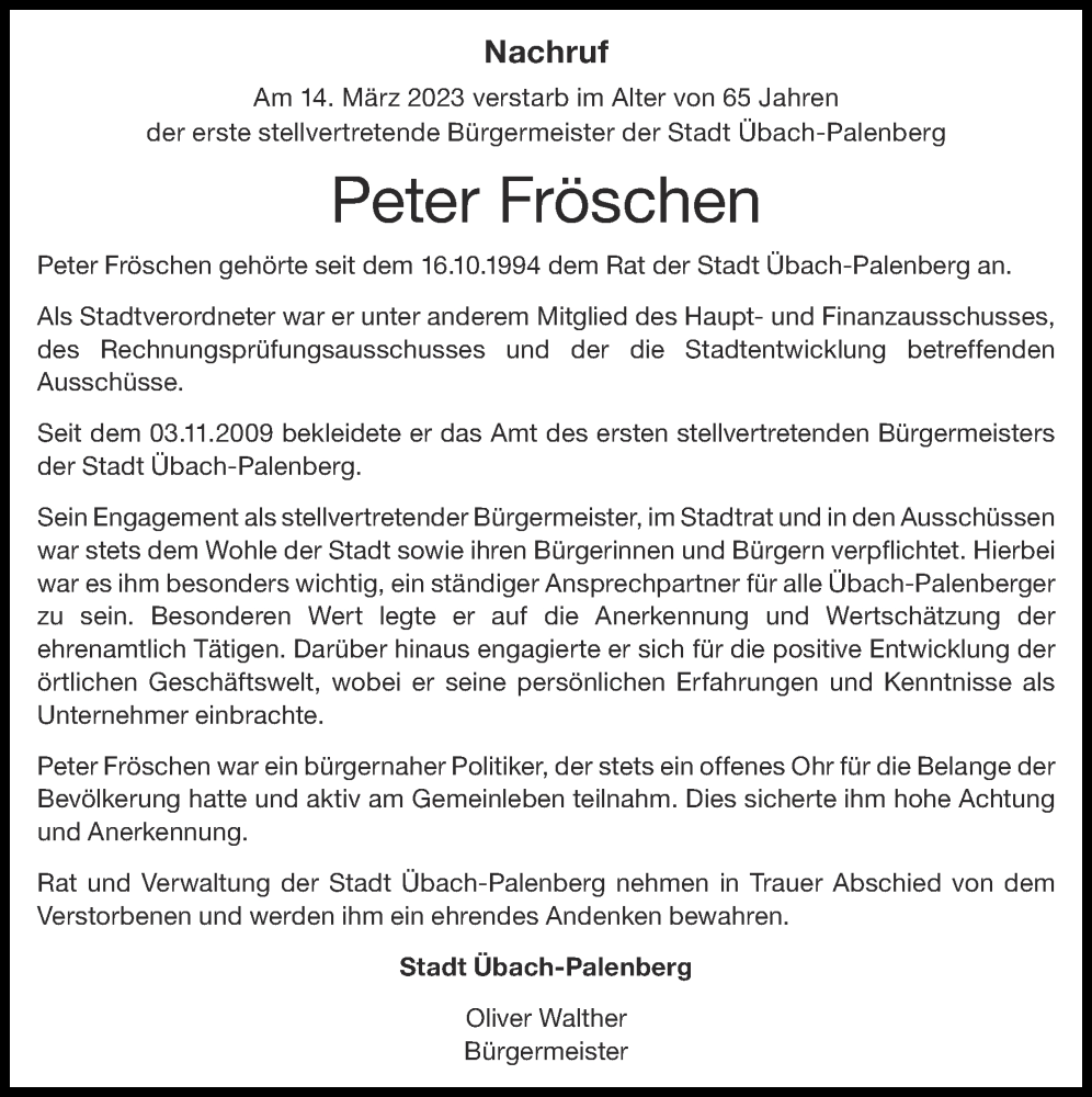  Traueranzeige für Peter Fröschen vom 19.03.2023 aus Zeitung am Sonntag