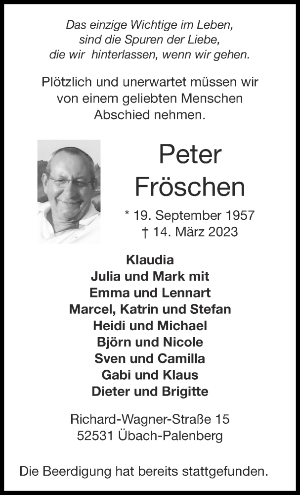  Traueranzeige für Peter Fröschen vom 19.03.2023 aus Zeitung am Sonntag