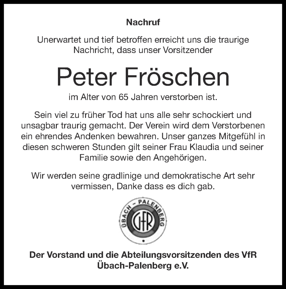  Traueranzeige für Peter Fröschen vom 19.03.2023 aus Zeitung am Sonntag