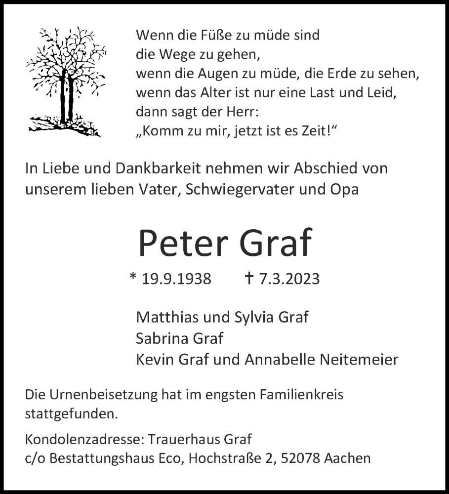  Traueranzeige für Peter Graf vom 25.03.2023 aus Aachener Zeitung