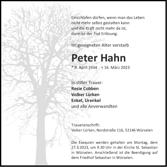 Traueranzeige von Peter Hahn von Zeitung am Sonntag