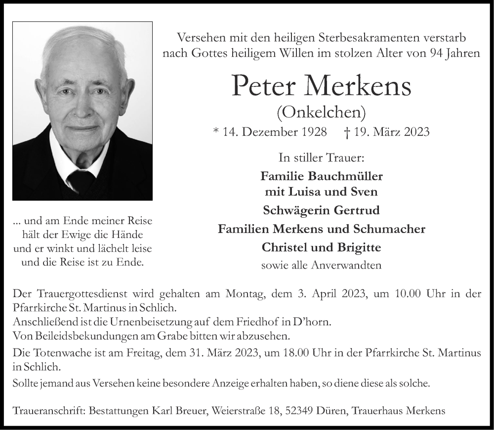  Traueranzeige für Peter Merkens vom 25.03.2023 aus Aachener Zeitung