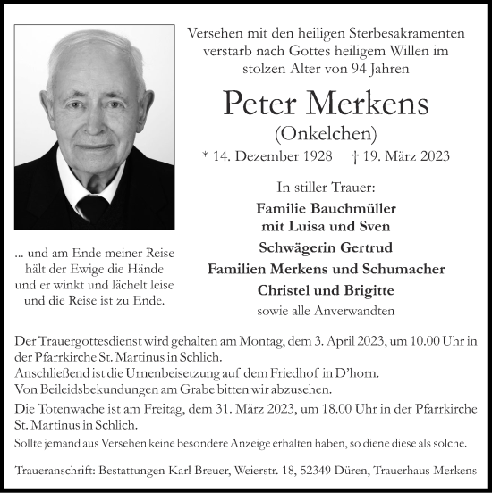 Traueranzeige von Peter Merkens von Zeitung am Sonntag