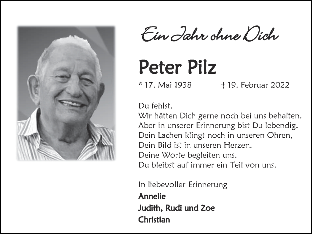  Traueranzeige für Peter Pilz vom 19.02.2023 aus Zeitung am Sonntag