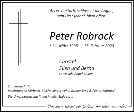 Traueranzeige von Peter Robrock von Zeitung am Sonntag