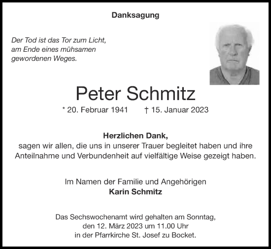 Traueranzeige von Peter Schmitz von Zeitung am Sonntag