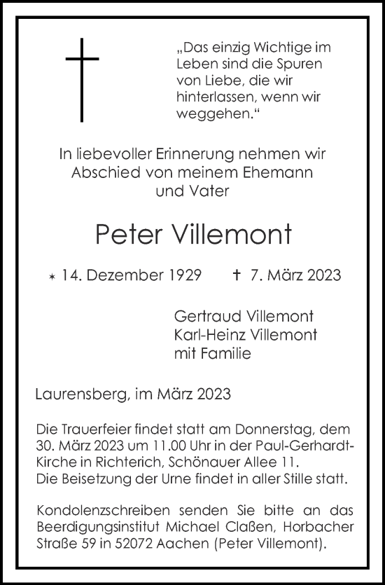 Traueranzeige von Peter Villemont von Zeitung am Sonntag