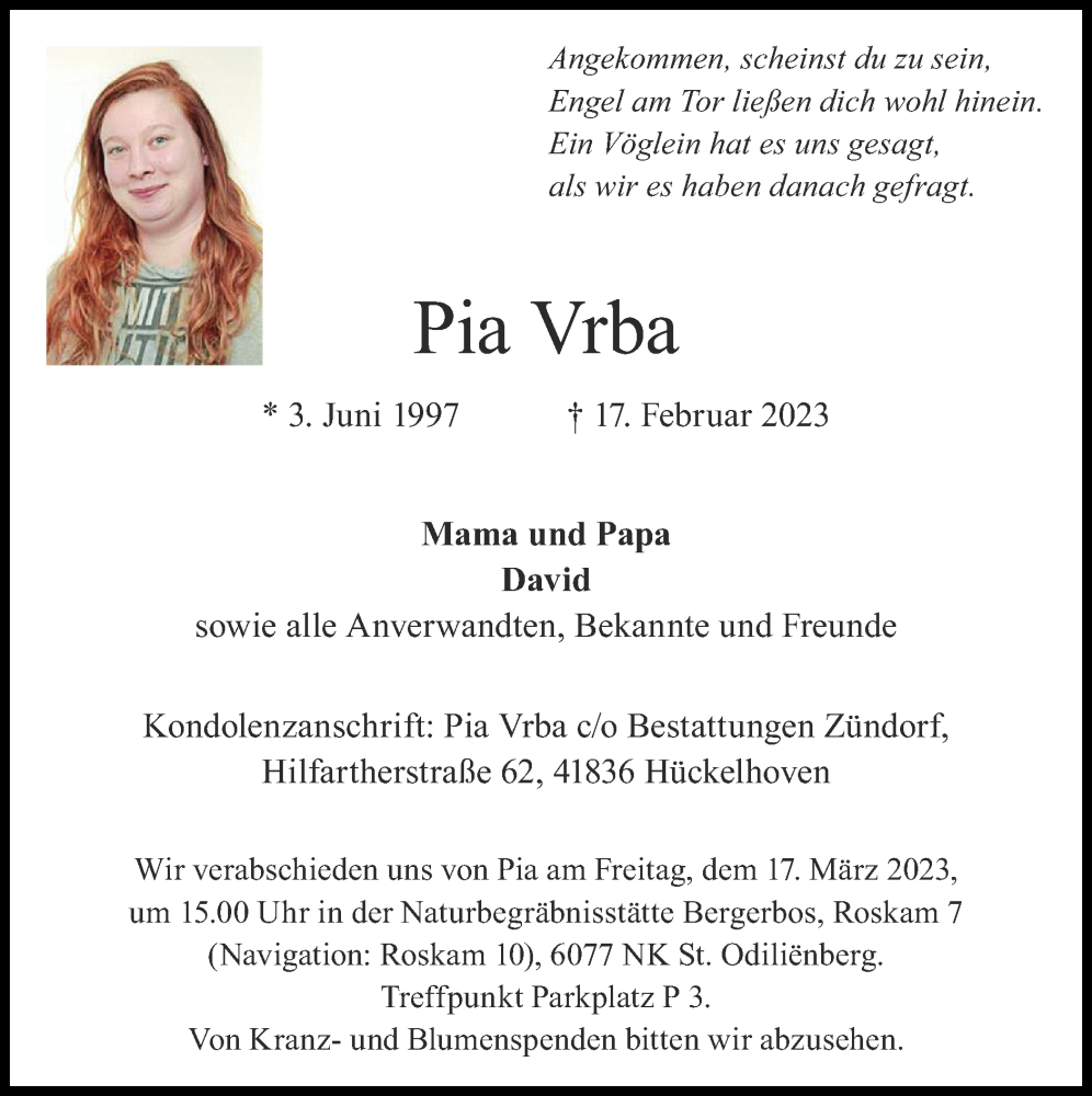  Traueranzeige für Pia Vrba vom 12.03.2023 aus Zeitung am Sonntag