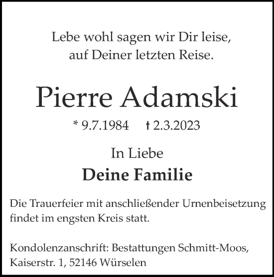 Traueranzeige von Pierre Adamski von Zeitung am Sonntag