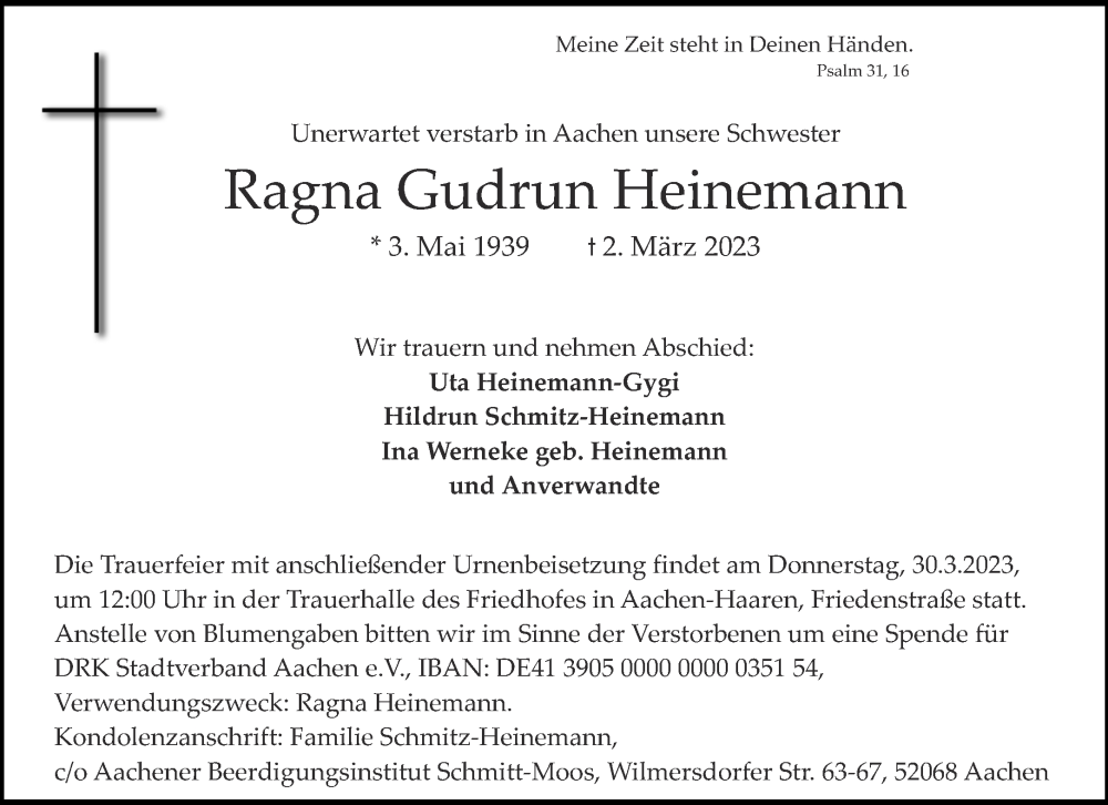 Traueranzeige für Ragna Gudrun Heinemann vom 25.03.2023 aus Aachener Zeitung