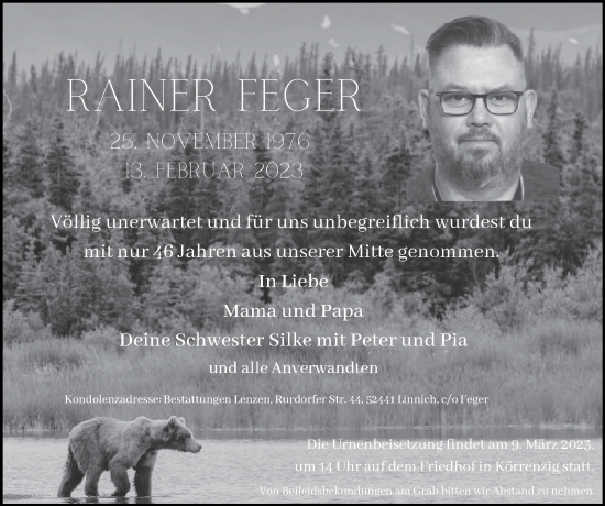 Traueranzeige von Rainer Feger von Zeitung am Sonntag