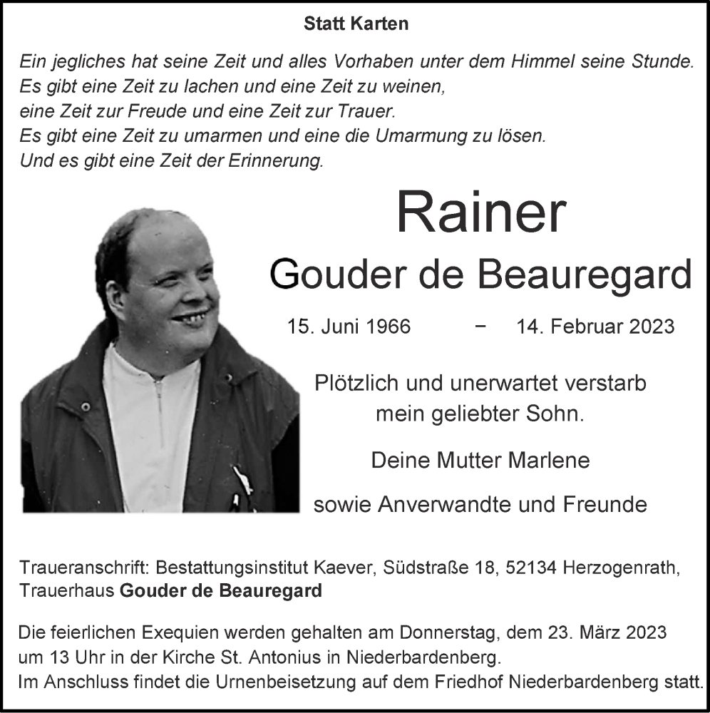  Traueranzeige für Rainer Gouder de Beauregard vom 19.03.2023 aus Zeitung am Sonntag