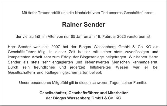 Traueranzeige von Rainer Sender von Zeitung am Sonntag