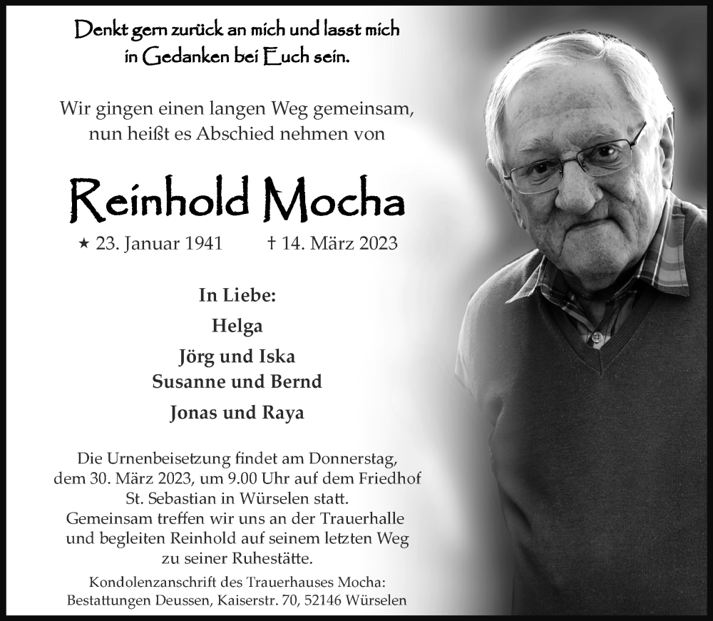  Traueranzeige für Reinhold Mocha vom 25.03.2023 aus Aachener Zeitung