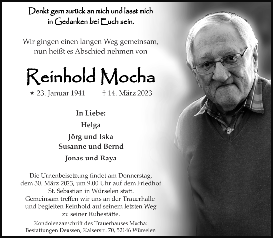 Traueranzeige von Reinhold Mocha von Aachener Zeitung