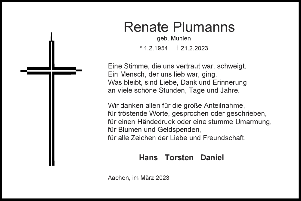  Traueranzeige für Renate Plumanns vom 19.03.2023 aus Zeitung am Sonntag