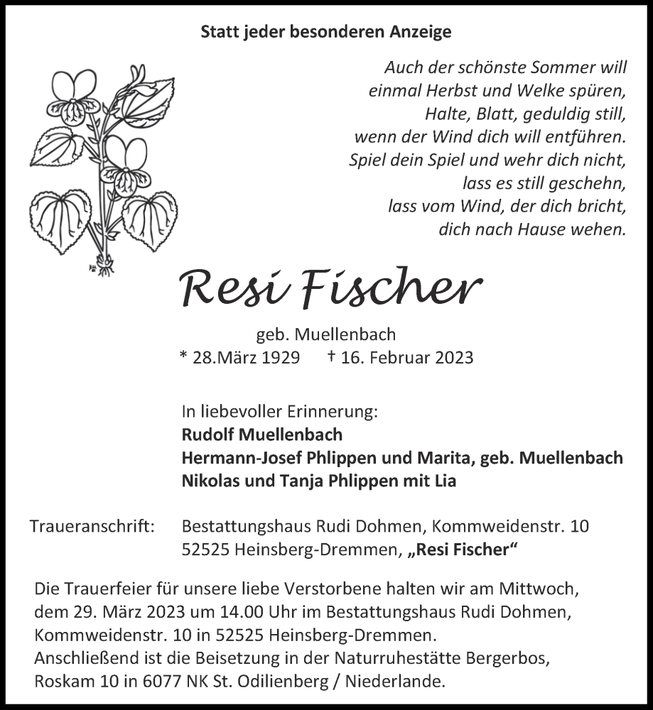  Traueranzeige für Resi Fischer vom 26.03.2023 aus Zeitung am Sonntag