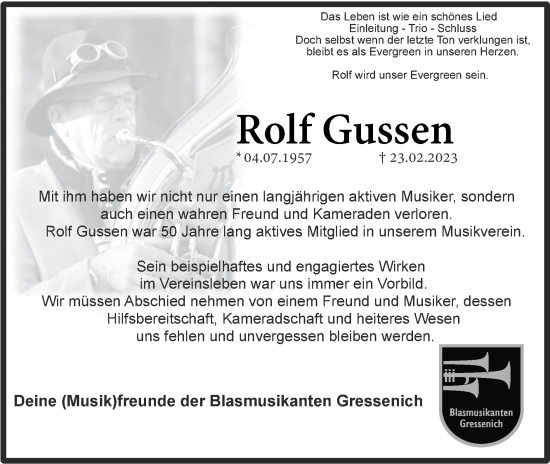 Traueranzeige von Rolf Gussen von Zeitung am Sonntag