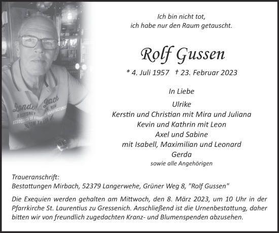 Traueranzeige von Rolf Gussen von Zeitung am Sonntag