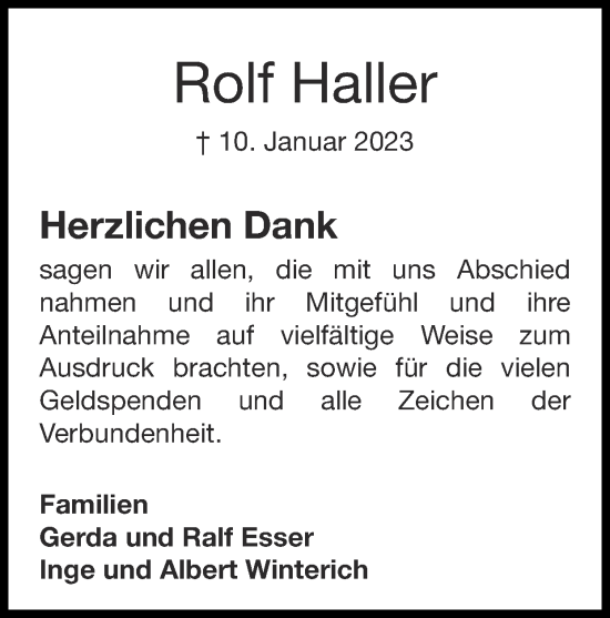 Traueranzeige von Rolf Haller von Zeitung am Sonntag