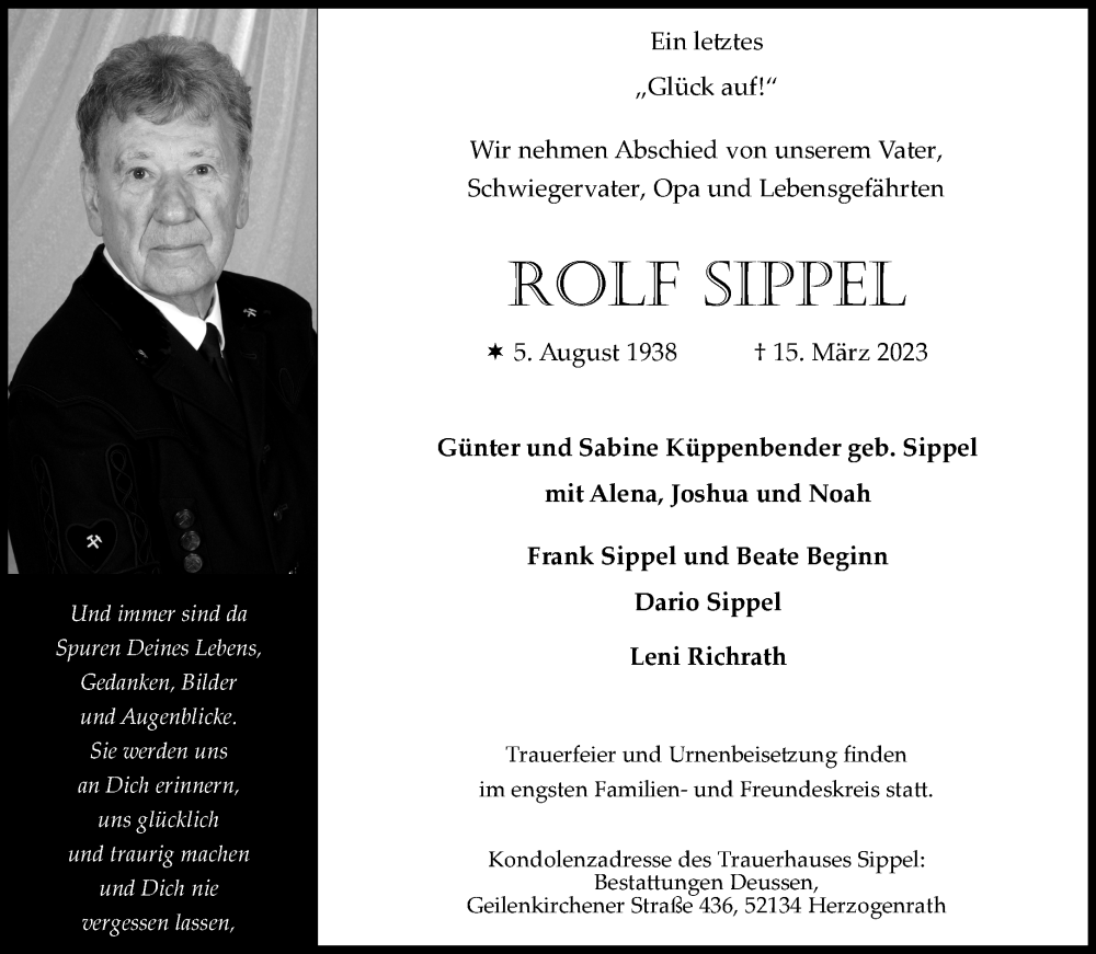  Traueranzeige für Rolf Sippel vom 01.04.2023 aus Aachener Zeitung
