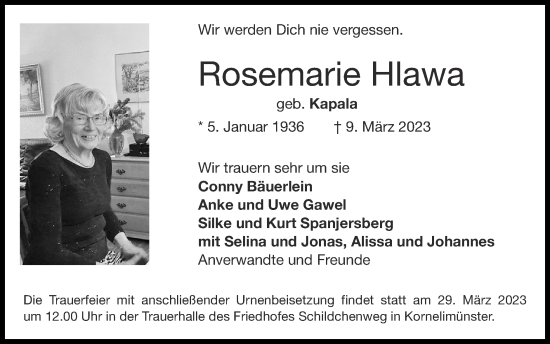 Traueranzeige von Rosemarie Hlawa von Zeitung am Sonntag
