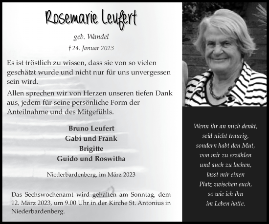 Traueranzeige von Rosemarie Leufert von Zeitung am Sonntag