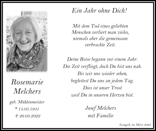 Traueranzeige von Rosemarie Melchers von Zeitung am Sonntag