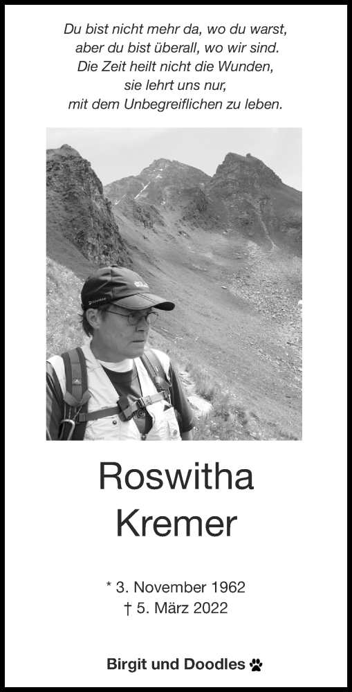 Traueranzeige von Roswitha Kremer von Zeitung am Sonntag