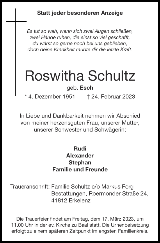 Traueranzeige von Roswitha Schultz von Zeitung am Sonntag