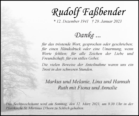 Traueranzeige von Rudolf Faßbender von Zeitung am Sonntag