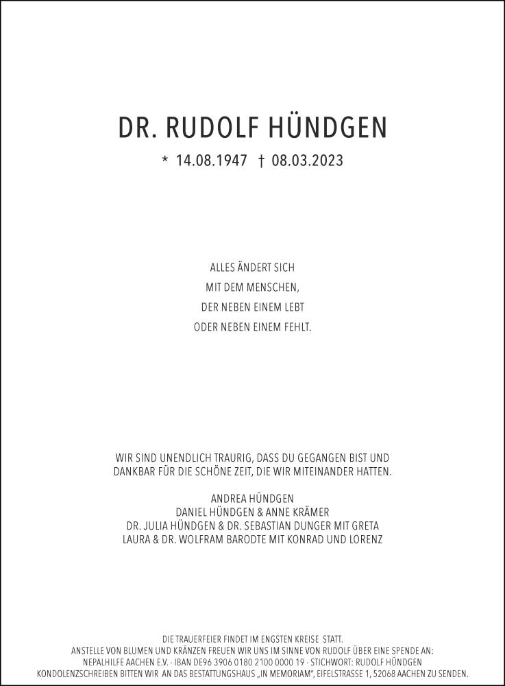  Traueranzeige für Rudolf Hündgen vom 18.03.2023 aus Aachener Zeitung / Aachener Nachrichten