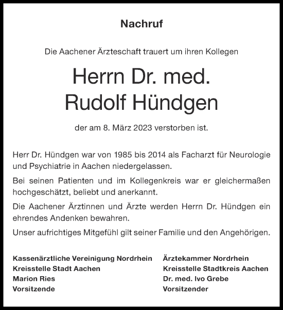 Traueranzeige von Rudolf Hündgen von Aachener Zeitung