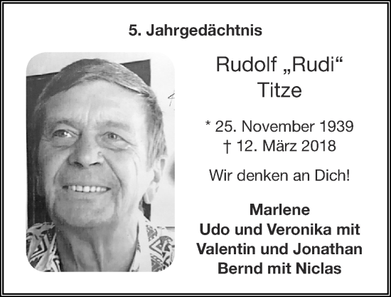 Traueranzeige von Rudolf Titze von Zeitung am Sonntag