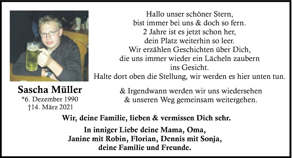  Traueranzeige für Sascha Müller vom 12.03.2023 aus Zeitung am Sonntag
