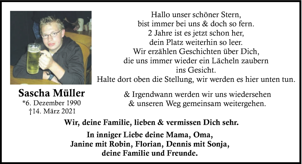  Traueranzeige für Sascha Müller  vom 12.03.2023 aus Zeitung am Sonntag