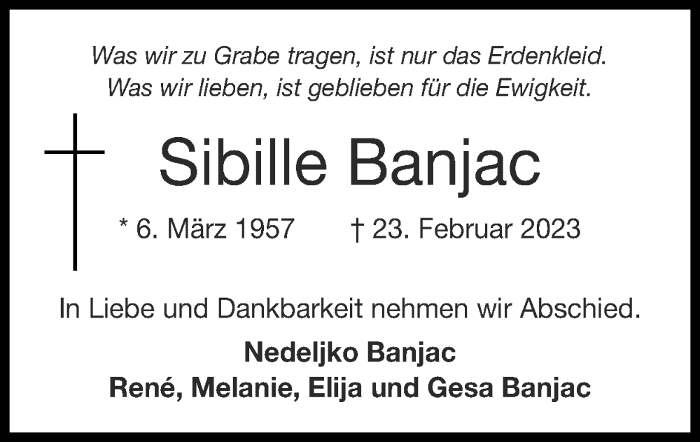  Traueranzeige für Sibille Banjac vom 05.03.2023 aus Zeitung am Sonntag