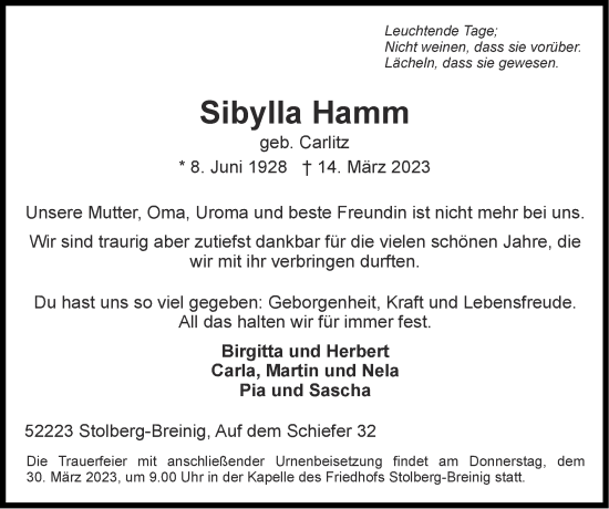 Traueranzeige von Sibylla Hamm von Zeitung am Sonntag