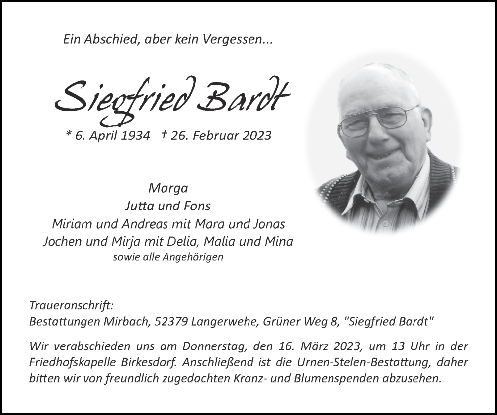  Traueranzeige für Siegfried Bardt vom 05.03.2023 aus Zeitung am Sonntag