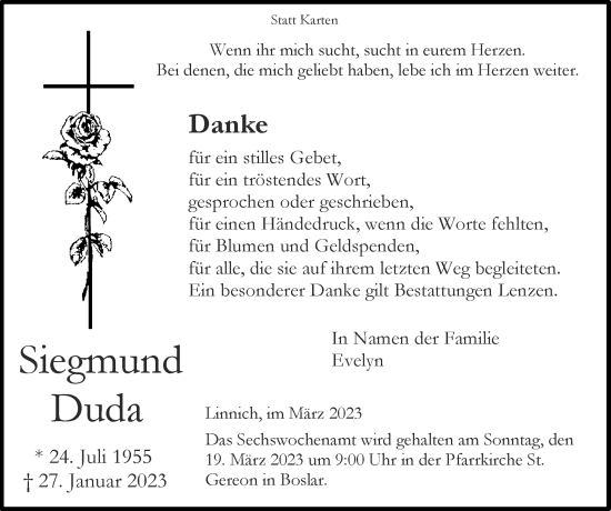Traueranzeige von Siegmund Duda von Zeitung am Sonntag